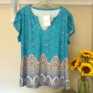 NWT Women’s Flower/Boho Print Short Sleeve Blouse by ETCYY NEW